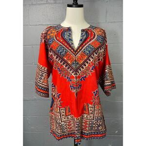 Vintage 1970s Red Dashiki Tunic Top Medium Tribal Hippie Boho